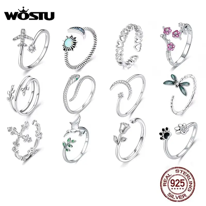 WOSTU Adjustable Rings Real 925 Sterling Silver Stackable Engagement Zircon Open sizes Rings For Women Female Original Jewelry