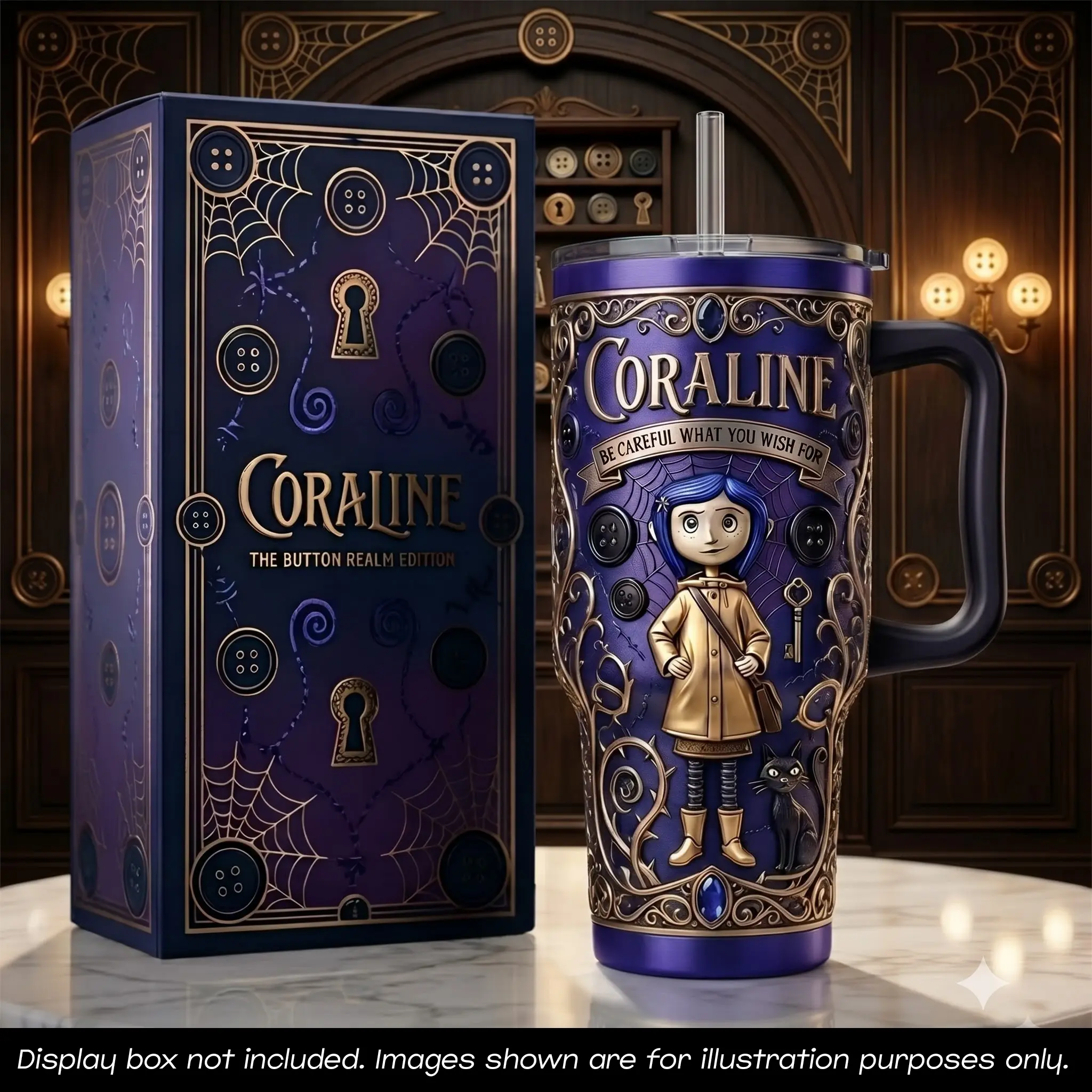 Coraline The Button Realm Edition 40oz Tumbler with Straw Handle, Be Careful What You Wish For Insulated Vacuum Mug, Dark Purple Yellow Raincoat Cold Water Bottle, Spooky Film Fan Collector Gift