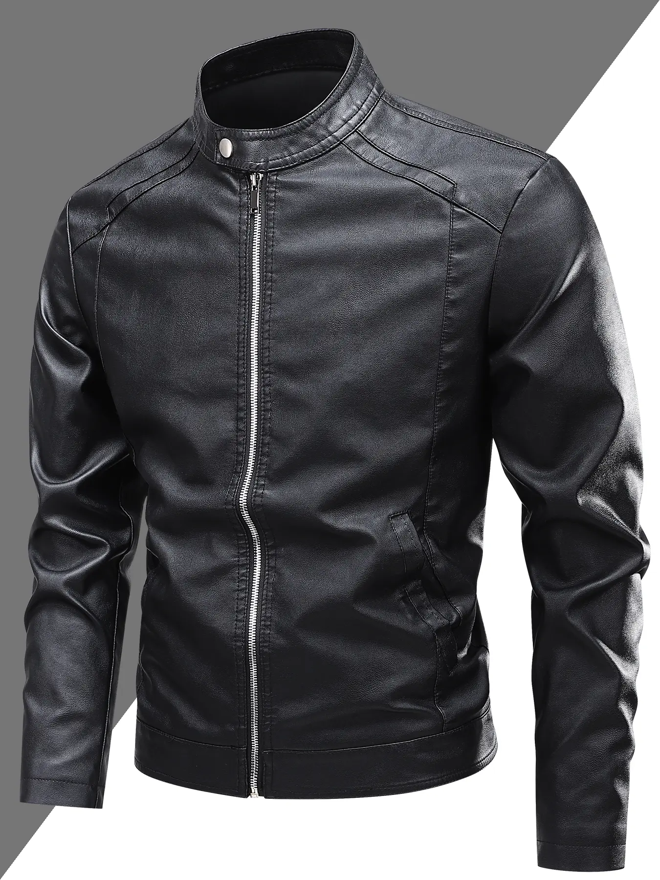 Men's Fall Winter PU Leather Biker Jacket, Stand Collar, Metal Button Detail, Street Style Punk Fashion, Casual Fitted Design