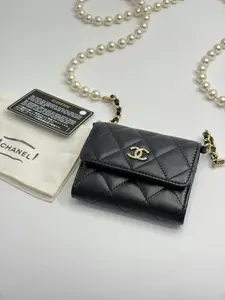Pre-owned CHANEL Black and Gold Buckle Quilted Small Lambskin Pearl Chain Wallet 31 Series with Accessories and Dust Bag