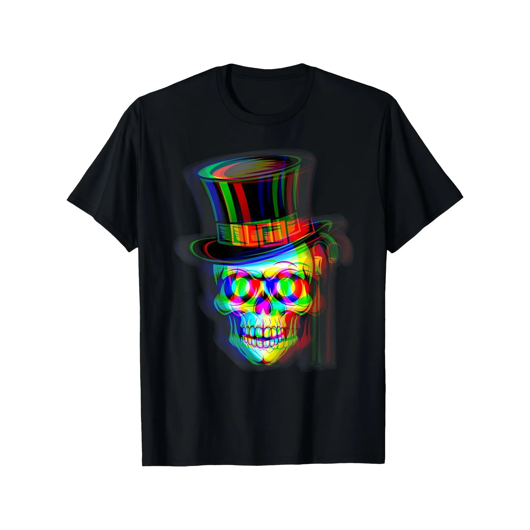 Men'S Trippy Techno Rave Graphic T-Shirt - Neon Skull & Top Hat Vaporwave Design, Black Retro 80s/90s Inspired Casual Tee for Halloween, EDM Parties & Casual Attire| Comfortable Round Neck Short Sleeve Shirt with Psychedelic Print| All-Season Comf