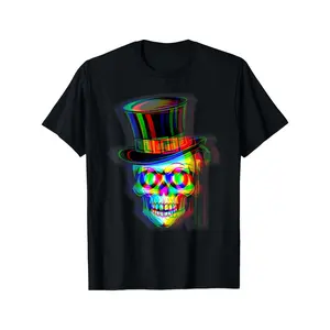 Men'S Trippy Techno Rave Graphic T-Shirt - Neon Skull & Top Hat Vaporwave Design, Black Retro 80s/90s Inspired Casual Tee for Halloween, EDM Parties & Casual Attire| Comfortable Round Neck Short Sleeve Shirt with Psychedelic Print| All-Season Comf