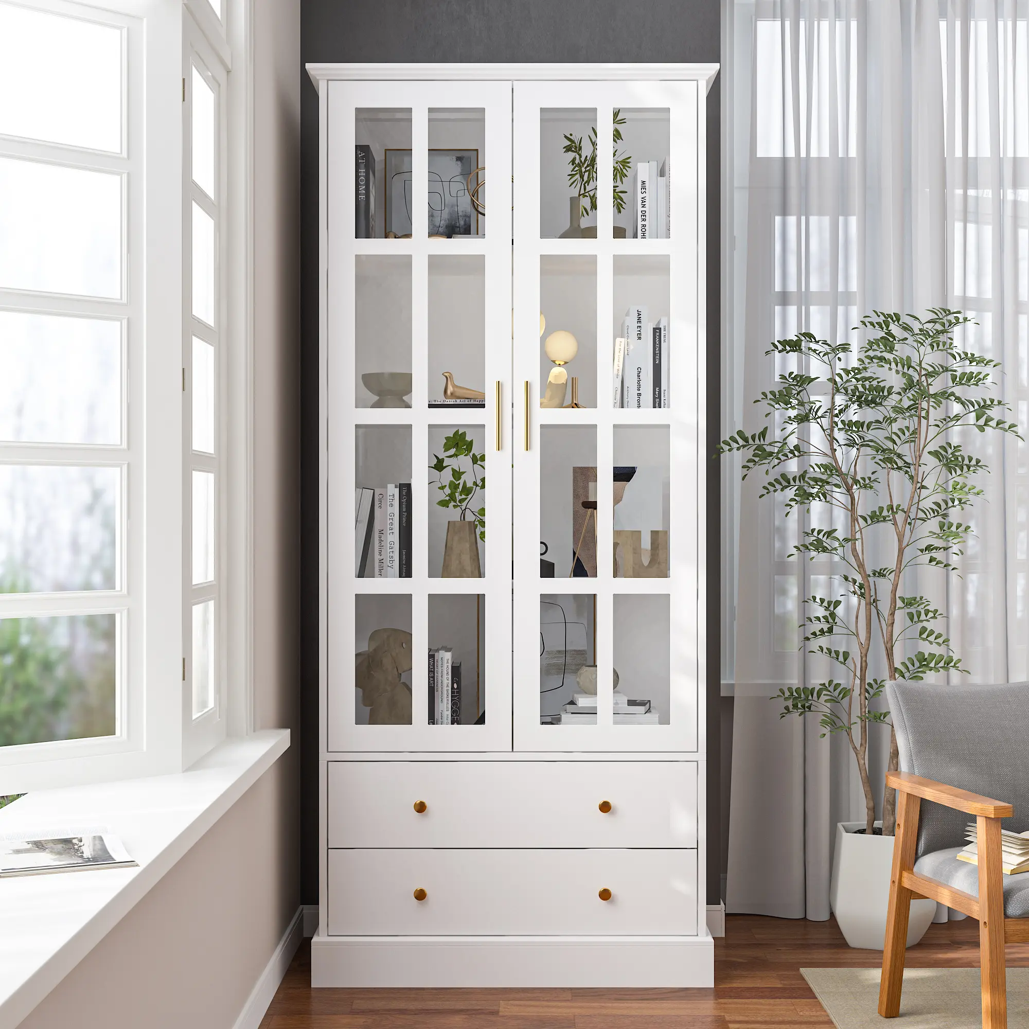 FUFU&GAGA Furniture Tall Rectangular 4-Tier Engineered Wood Bookcase - 4-Shelf + 2-Drawer Single Unit Storage Cabinet with Glass Doors, Living Room Display Cabinet (Requires Assembly), 4-Shelf + 2-Draws, Transparent Doors