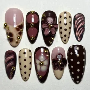 Brown Press On Nails, Chocolate Polka Dot False Nails with 3D Flower, Handmade Cute Aesthetic Fake Nails