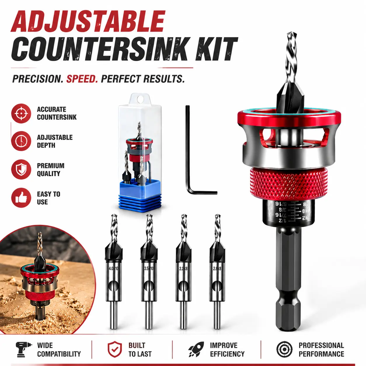 Adjustable Depth Stop Countersink Drill Bit Set 4Pcs, Hex Shank Wood Chamfer Bits with L-Shape Wrench, Must-Have Woodworking Tool for Carpentry, Furniture Assembly & DIY Projects