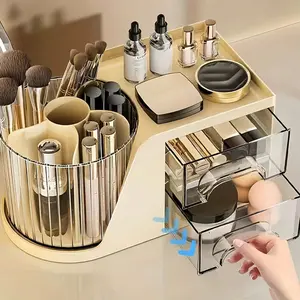 Cosmetic Storage Box with Drawer, Rotating Makeup Brush Holder, Plastic Desktop Organizer, Multifunctional Home Decor, No Scented