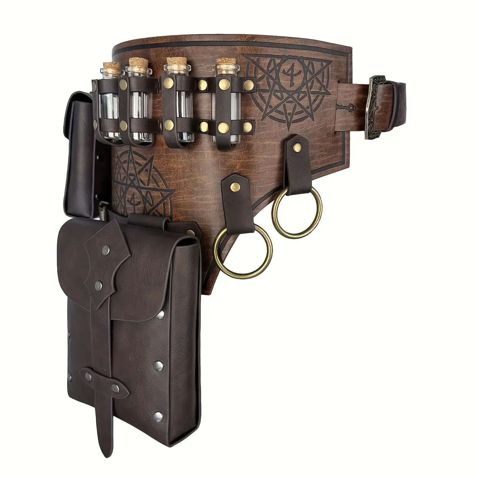 4-Piece Fantasy Magician Potion Waist Belt Pocket - Cork Bottles & Pouch Hip Pack, Beige & Black Plain Gym Bag for LARP Cosplay, Men's Bum Bag (Sports & Outdoor Accessory) Leather Belt Bags Leather Fanny Pack
