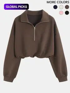 Women's Half-Zip Stand Collar Drawstring Short Cropped Sweatshirt, Comfortable and Stylish Pullover for Spring & Fall