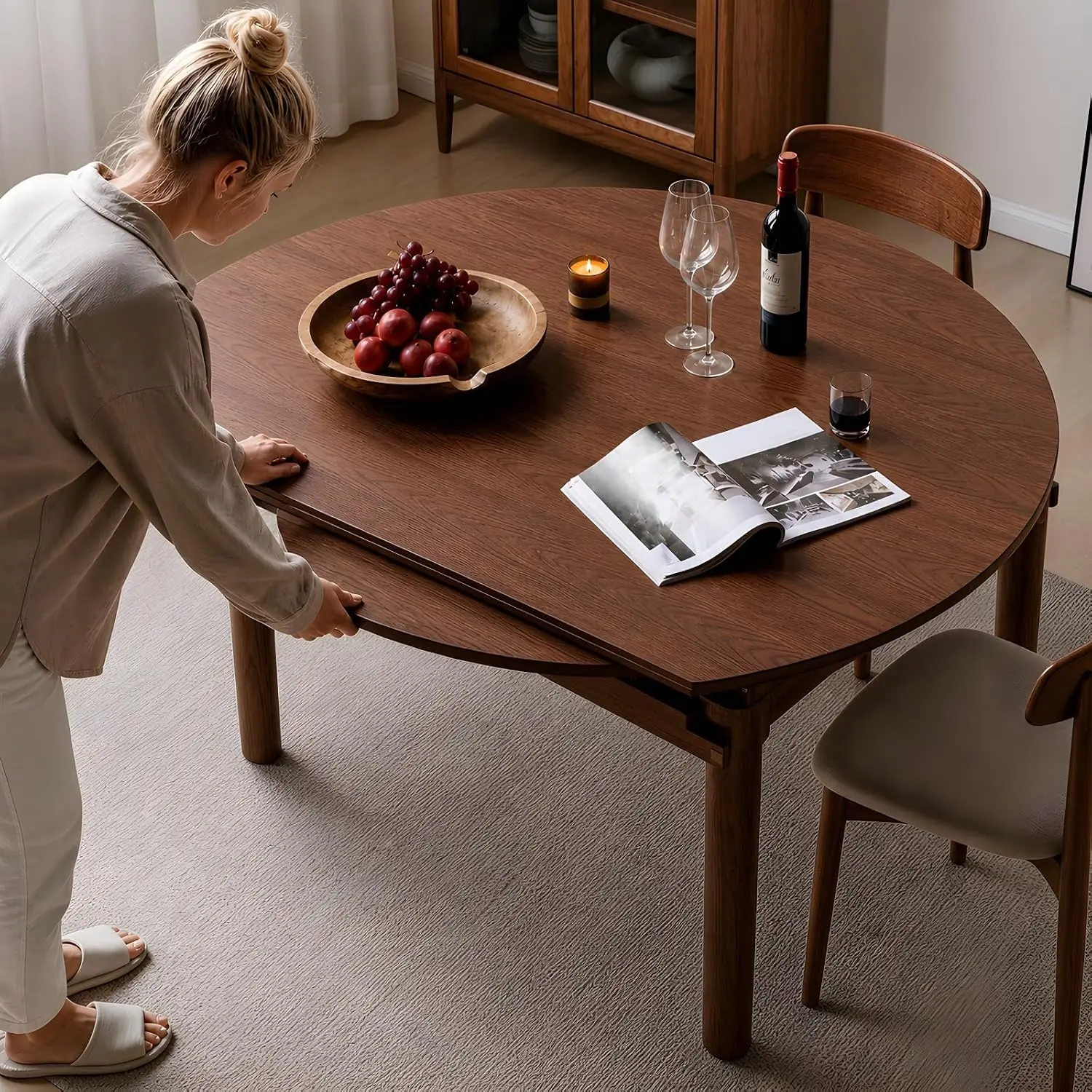 YESWOOD 100% Solid Oak Extendable Round Dining Table with Removable Leaves, Adjustable Foldable Wood Legs with Natural Grain, Space-Saving Modern Kitchen Piece for 4-8, Walnut, Ideal for Dining Room