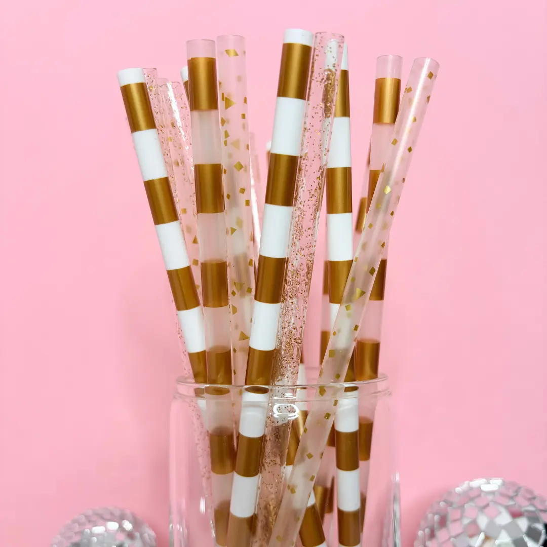 Gold Reusable Straws (20 Pack) – 9" Iced Coffee & Drink Accessories | Glitter, Confetti & Stripe Designs