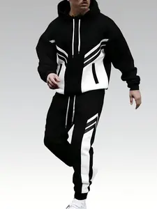 Casual polyester fiber men's hooded sports suit with pocket details, solid color long sleeved knitted fabric, slightly elastic, regular style hooded sweatshirt and pants set Sweatsuit Outfits Sweatsuit Loose
