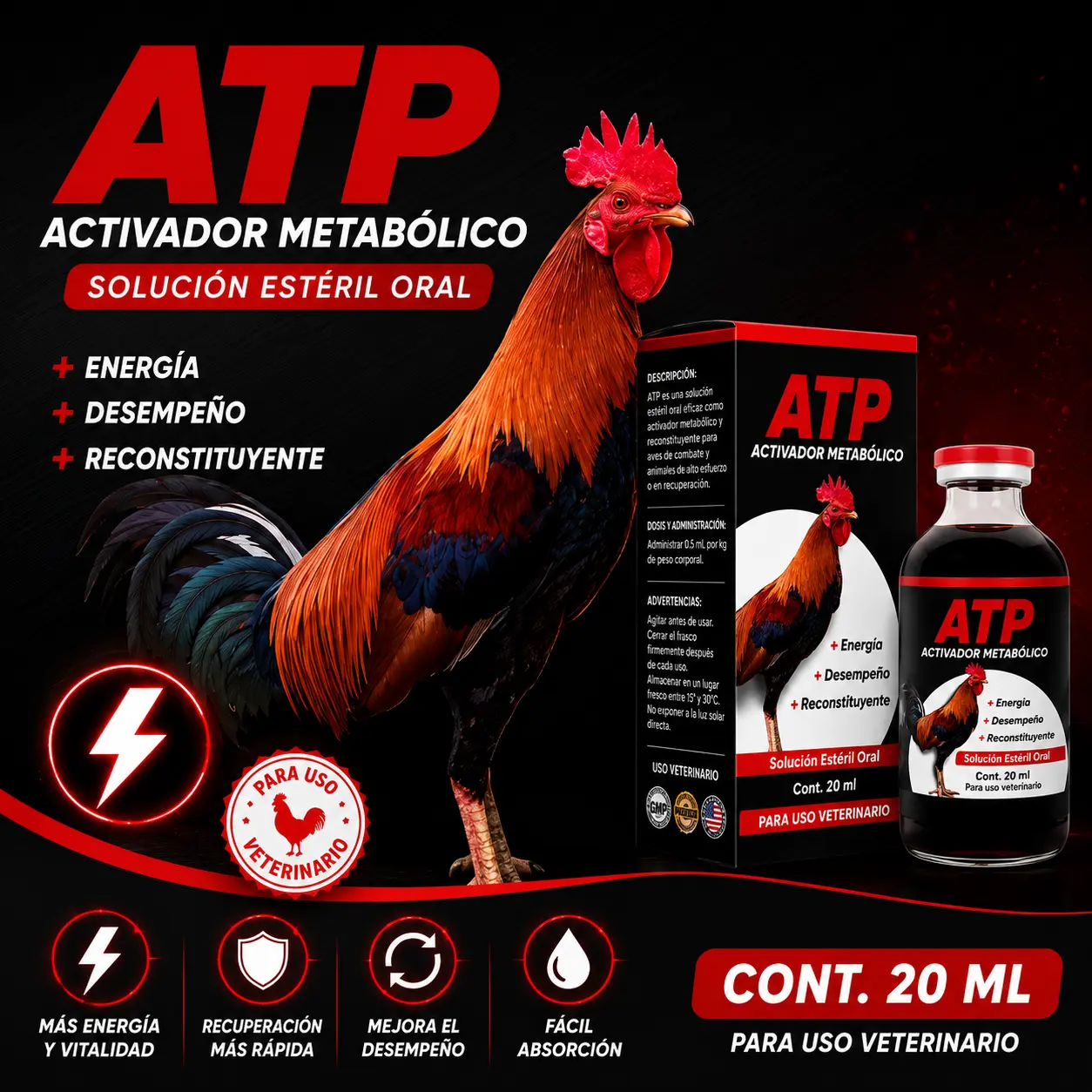 20 mL Liquid Nutritional Supplement for Roosters, Daily Vitamin and Amino Acid Formula