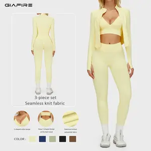GIAFIRE women’s seamless three-piece workout set: zip-up cropped jacket, push-up shock-absorbing sports bra, and butt-lifting tummy control shorts or pants options. Suitable for yoga, gym workouts, exercise, outdoor running, yoga, and Pilates.