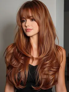Women Long Straight Wig with Bangs, Brown Orange Wigs, High-Temperature Resistant Fiber Hairpiece, Natural Look for Daily Use & Cosplay, Synthetic Wavy Wig