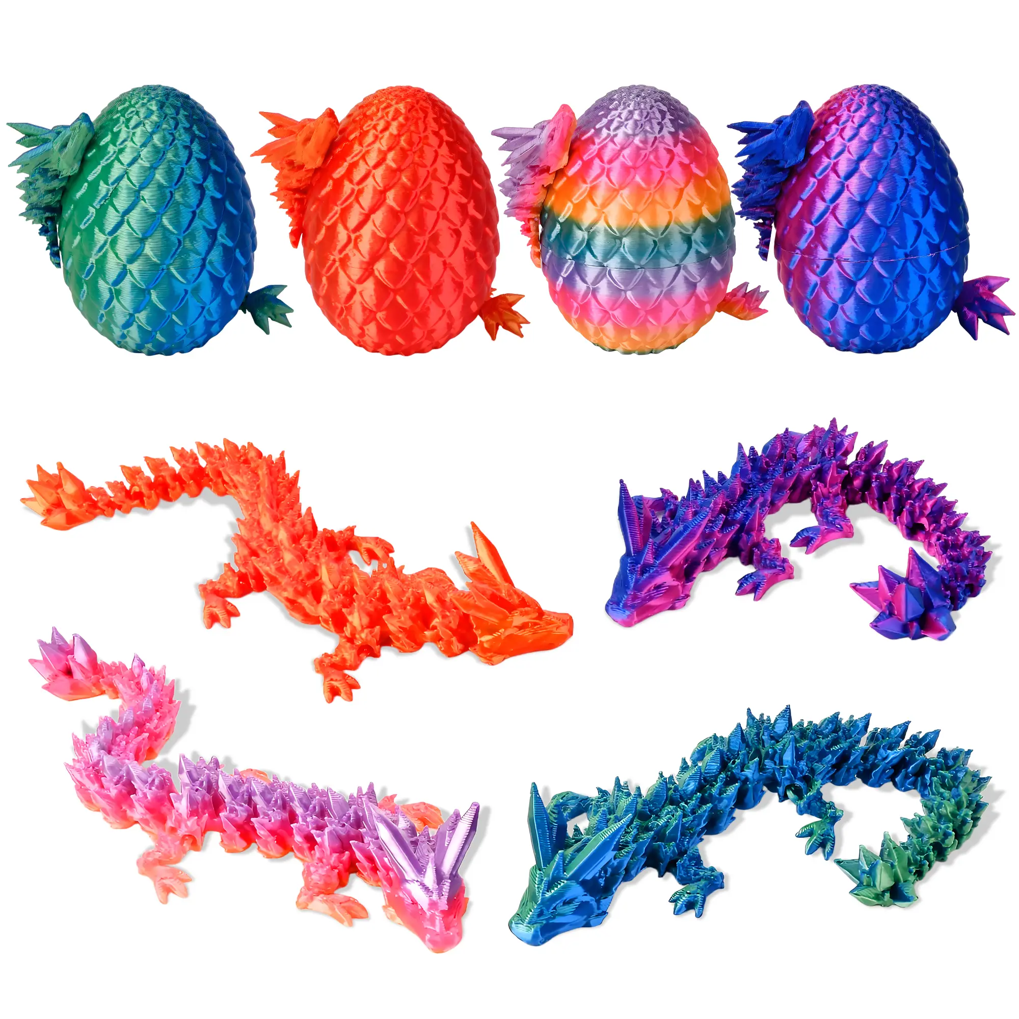 3D Printed Dragon Statue,4 Count Colorful Gradient Design Dragon Egg Ornament, Stuffing Easter Eggs, Dino Egg, Cool 3D Printer Articulated Crystal Dragon Toy for Boys Kid Teen, Animals Fidget Toy Dinosaur Eggs