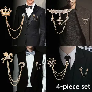 4pcs Set of Men'S Elegant Brooches, Wing Tassel Chain Brooch, Crown Brooch, Rudder Brooch, Pegasus Brooch, Lapel Pin, Vintage Corsage Men'S Tie Hat Scarf Set Tuxedo Golden, Golden