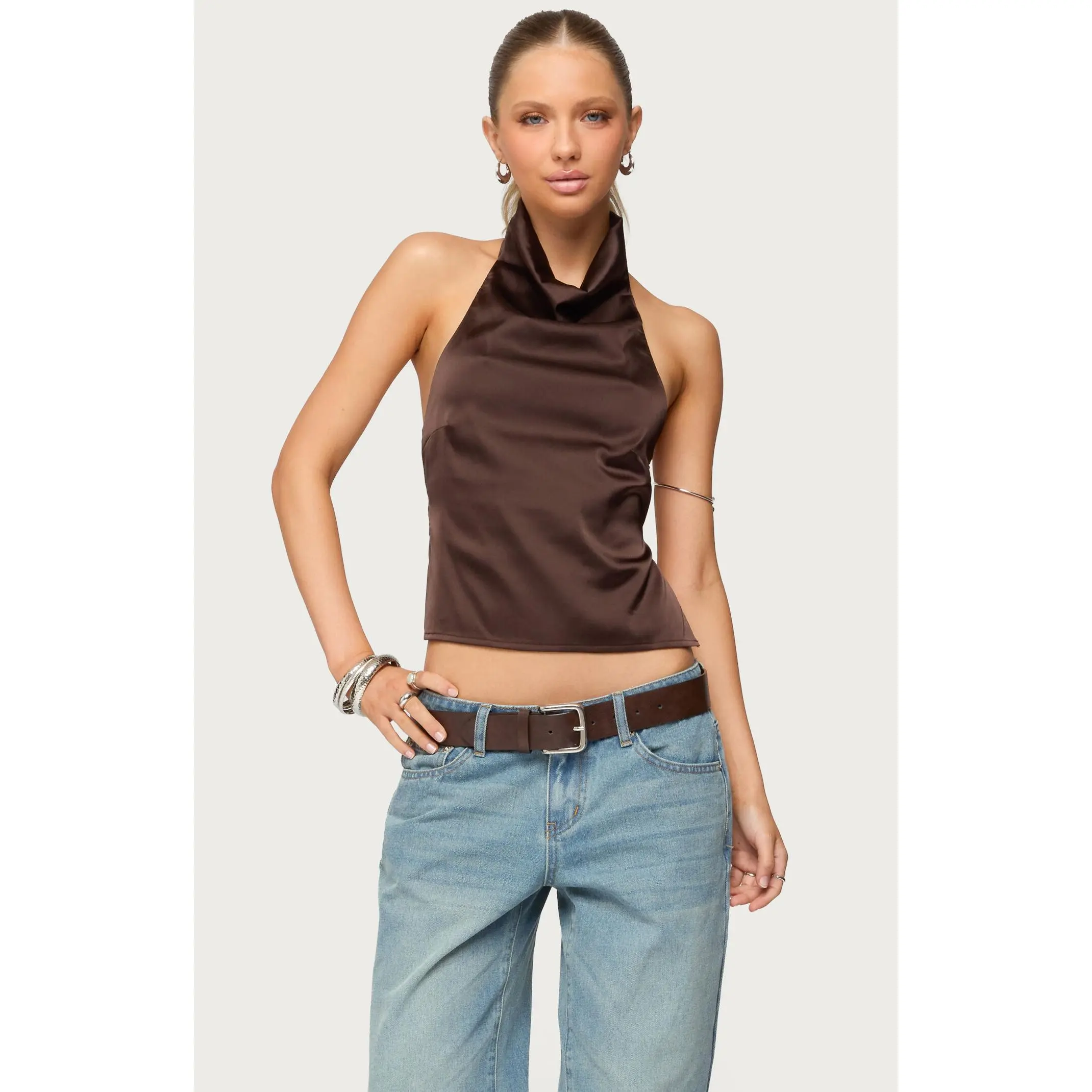 Edikted Women's Satin Effect Backless Cowl Neck Top