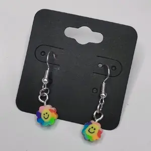 Rainbow Smiley Face Earrings - Colorful Flower Design with Silver Hooks for Everyday Wear