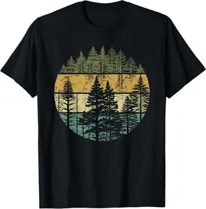 Retro Forest Trees Outdoors Nature Women Men Vintage Graphic T-Shirt Pure Cotton Graphic Tees Menswear Top: Gifts for Men & Women, Natural, Shortsleeve,summervibes