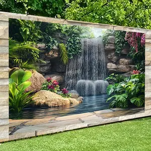 1PC,2D Flat Backdrop Tropical Waterfall Green Plant Decorative Backdrop, Festival Scene Layout Hanging Cloth, Natural Landscape Wall Decor Curtain, Background Cloth for Festival Atmosphere Creation in
