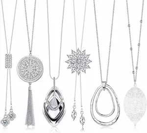 6Pcs Long Pendant Necklaces for Women,Long Sweater Necklaces,Silver Flower Tassel Disk Circle Leaf Statement Sweater Chain Necklace for Women Y Necklace Set Fashion Jewelry
