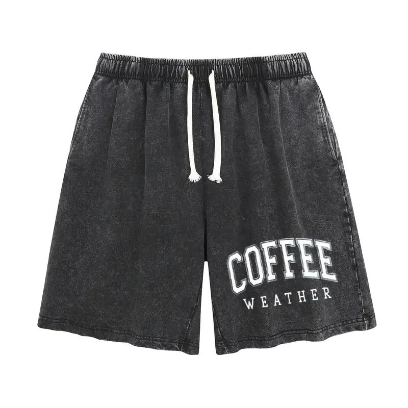 Unisex Vintage Print Acid Washed Sweat Shorts, Breathable Cotton Casual Shorts with Elastic Waist and Functional Pockets baggy comfy