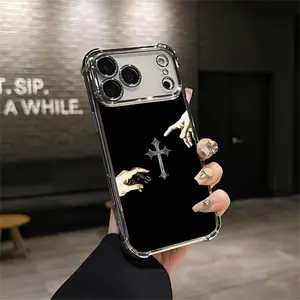 Dark Aesthetic Cross The Creation of Adam Cross Phone Case Black Chrome Cross For Iphone 17 Pro Max IPhone 11 12 13 14 15 16 Pro Max Plus Shockproof Soft Silicone Smartphone Protective Case Cellphone Shell Aesthetic Protection Q166