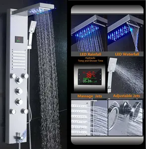 Stainless Steel Shower Panel Tower System,LED Rainfall Waterfall Shower Head 5-Function Faucet Rain Massage System with Body Jets, Brushed Nickel