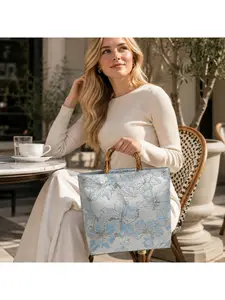 Chic Blue Floral Handbag for Women, Bamboo Handle Tote Purse with Soft Flower Print, Spacious Everyday Shopper Bag for Travel, Beach, Work, Brunch, Wedding Guest, Vacation Essentials, Lightweight Fashion Carryall, Christmas Halloween Birthday Gift for Mom