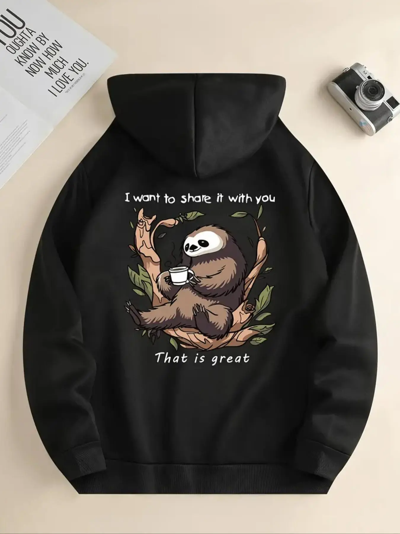 【Plus Size】 Sloth & Letter Print Hoodie, Fashion Casual Hooded Sweatshirt for Daily Holiday Outdoor Wear, Women Clothing for Fall & Winter