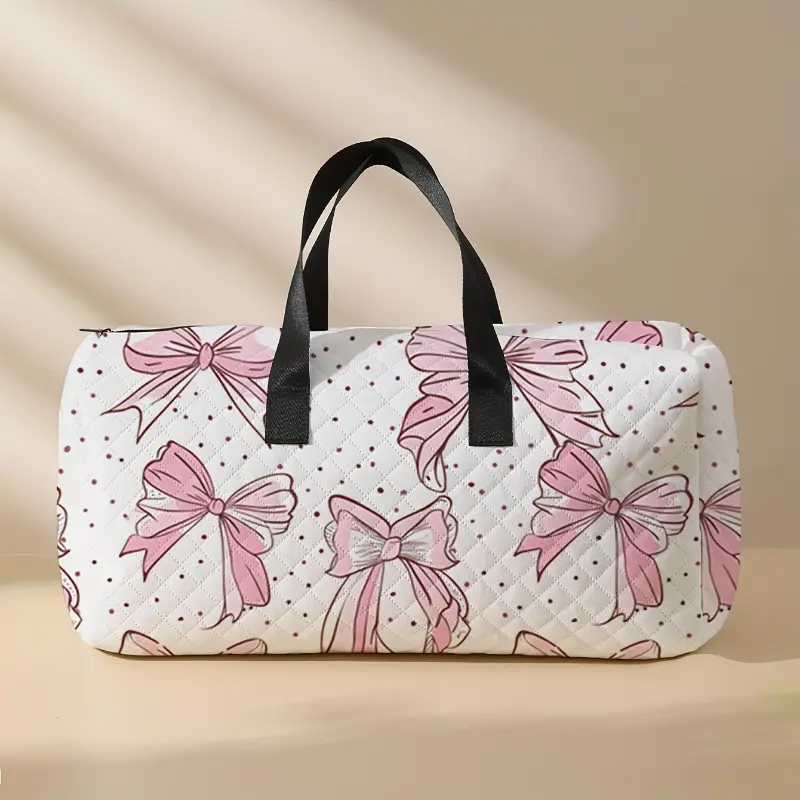 Women's Bow Pattern Quilted Sporty Gym Duffle Bag - Durable Polyester, Large Capacity Travel Tote with Shoulder Straps, Fashionable Overnight Carry-On for Gym, Weekend Trips, Sporty Gym Bags