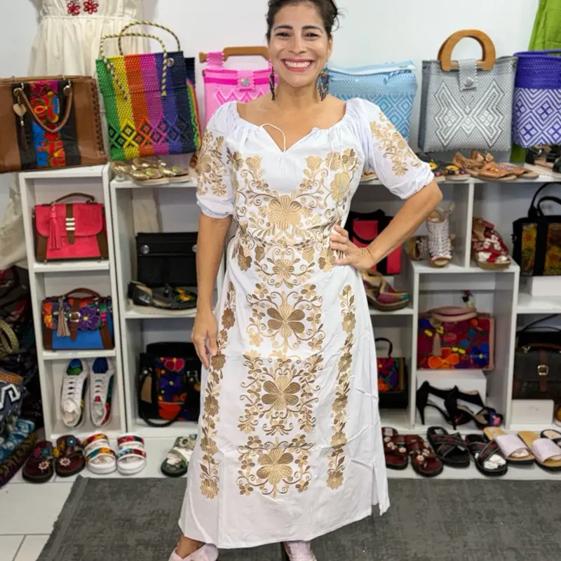 Vestido dorado Handmade Embroidered Dresses in Oaxaca hand made in Mexico