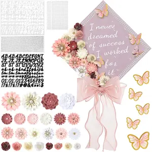 46 Pcs DIY Graduation Cap Decorations Kit Included Paper Flowers, 3D Butterfly Stickers, Rhinestone, Letter, Pearl Stickers, Mesh Ribbon Bow for DIY Grad Cap Decor (Pink)