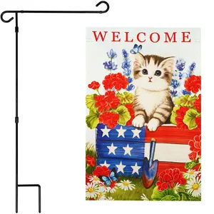 G128 Combo Pack: Garden Flag Stand 36x16IN & Garden Flag Welcome Kitten Patriotic Printed 12x18IN Double Sided