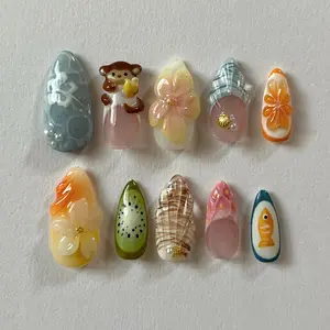 S26 Katy Nails -Monkey & Fruit Mix Press-On Nails, 3D Monkey, Kiwi Slice, Shells, Ocean Blue, Handmade Summer Vibes Set, Cute Nails Gift for Her, Beach Trip Look, Gifts for Her