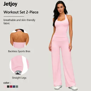 Jetjoy Workout Sets for Women 2 Piece, Padded Backless Sports Bras Halter Top(non-padded) Wide Leg Pants Sets Gym Yoga Work Out Clothes, Matching Wide Leg Pants Sets athleisure Fitness & Casual Wear Yoga Outfits Gym Tracksuit summeroutfit