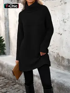 Women's Solid Drop Shoulder Turtle Neck Sweater Dress, Casual Long Sleeve Jumper Dress for Daily Outdoor Wear, Women's Knitwear for Fall & Winter