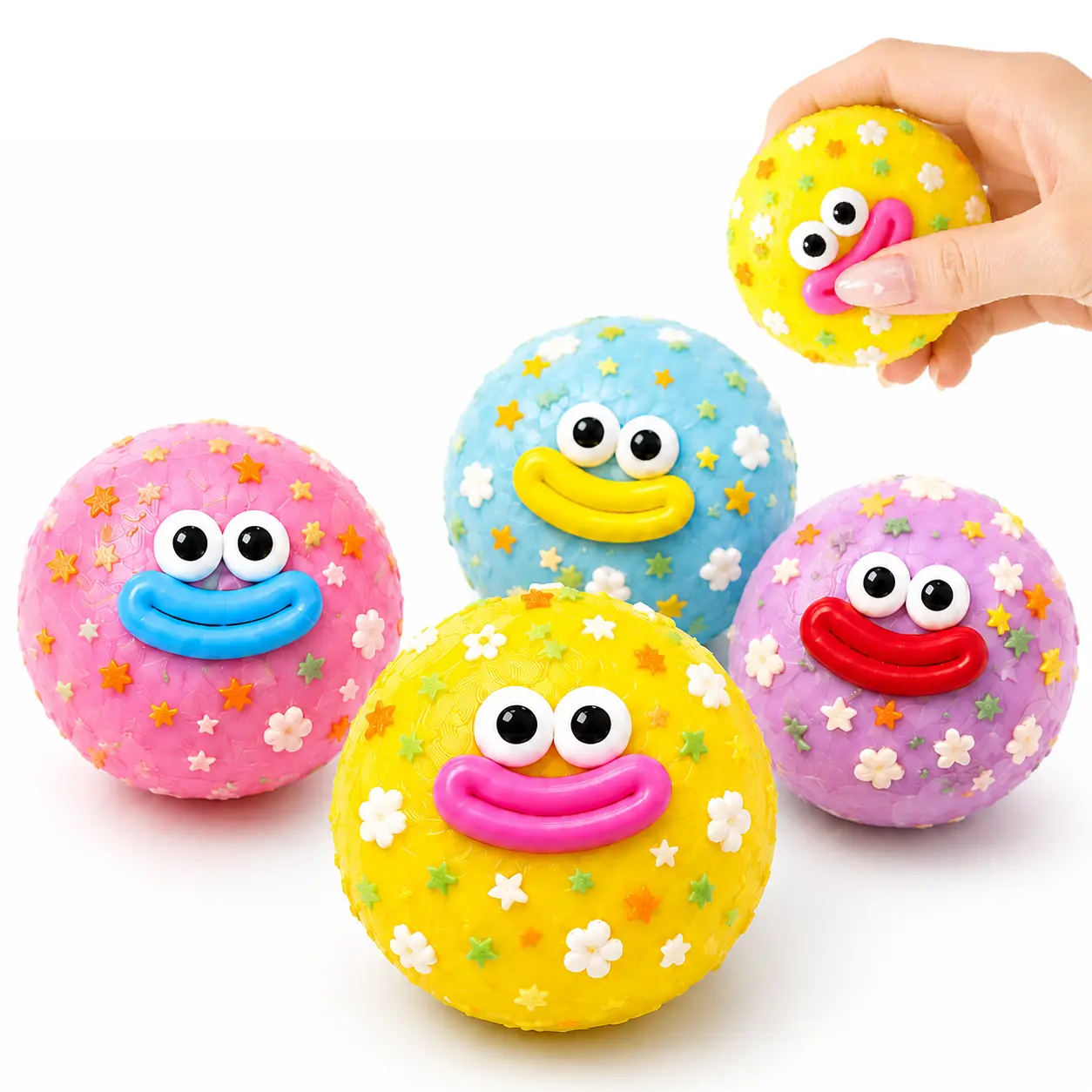 Cute Round Smiley Face Squishy Ball, Soft Slow-Rising Squeeze Fidget Toy with Colorful Flower & Star Details for Kids Teens Adults, Fun Desk Toy, Party Favor & Birthday Gift