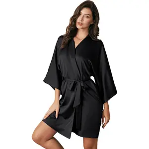Silk Robes for Women, Short Bridesmaid Robes for Bridal Wedding Party, Bride Satin Bathrobe with Long SleeveGift