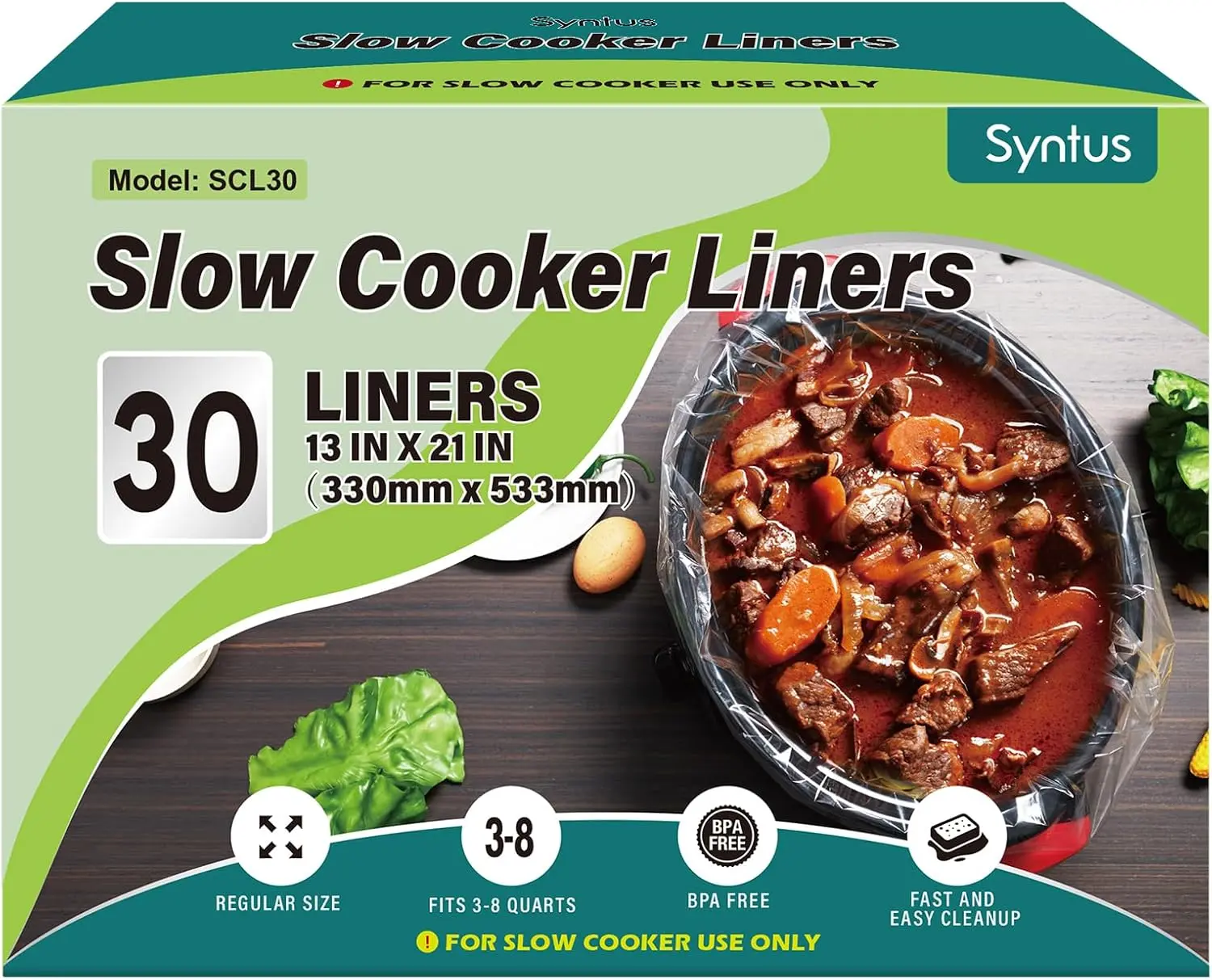 Syntus Slow Cooker Liners, 30 Count Cooking Bags Large Size Disposable Pot Liners Plastic Bags, Fit 3QT to 8QT for Slow Cooker Cooking Trays, 13"X 21", 30 Liners