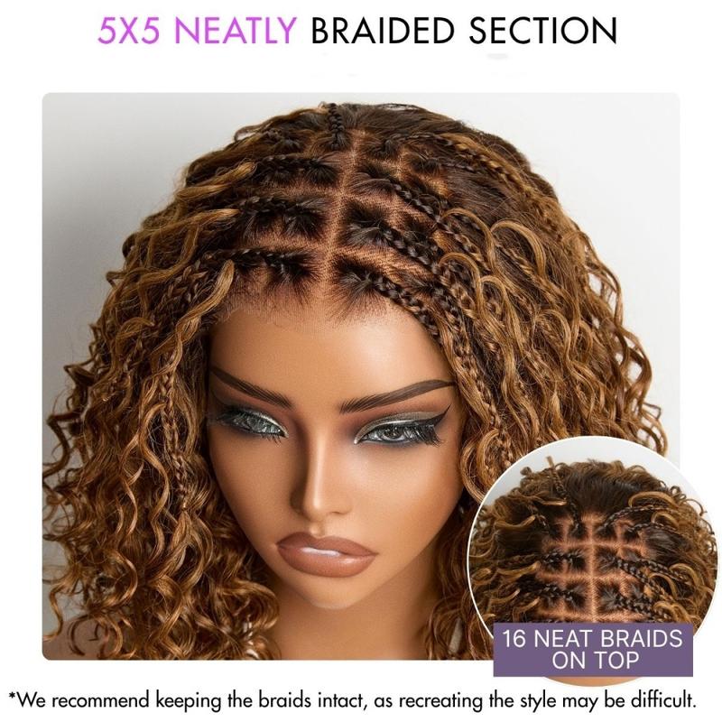 Flash Sales Boho Braided Deep Curly 5x5 Closure Lace With Braided Bob Human Hair Wigs Curly Deep Wave Glueless Pre Cut Plucked Lace Short Wig Ready To Go Ombre Brown Highlight