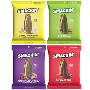 SMACKIN' Jumbo Roasted Sunflower Seeds 4 Pack - Garlic Parmesan, Dill Pickle, Backyard BBQ & Cinnamon Churro Flavors - 1lb Box of Low Sodium Handcrafted American Made Seeds