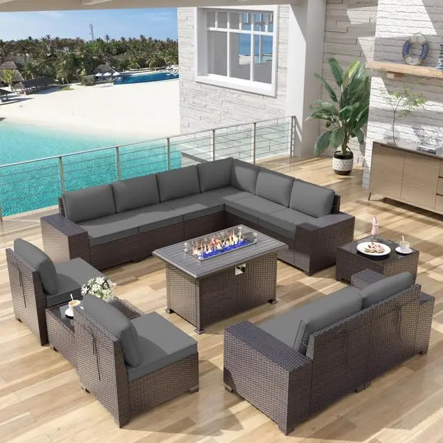 Patio Furniture 12 Pieces Set with Propane Fire Pit Table Outdoor Patio Furniture Outdoor Sectional Sofa 43" Gas Fire with transparent glass cover Pit