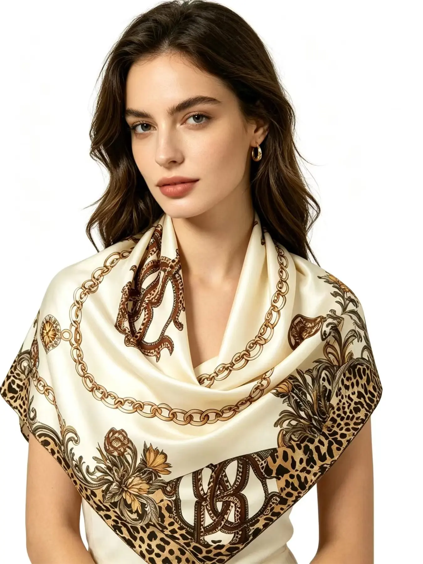 New 90cm Square Silk Scarf for Women, Leopard Pattern, Casual Fitted Design, Spring Summer Accessory, Lightweight Neck Wrap, Western Scarf, Fashion Shawl Wrap, Printed Polyester Scarf