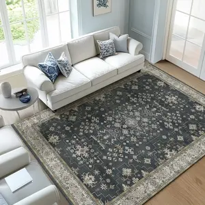 Vintage Oriental Style Rug, Bohemian Distressed Traditional Pattern Mat, Non-Slip Washable Low Pile Living Room Bedroom Carpet, American Country Bohemian Home Decor Blanket