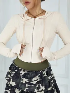 Women's Spring Fall Outdoor Casual Zipper Hooded Sport Jacket, Athletic Jackets, Elastic Finger Loop Long Sleeve Yoga Top Coat, Comfortable & Stylish Design, Zip Up Jacket, Workout Jacket
