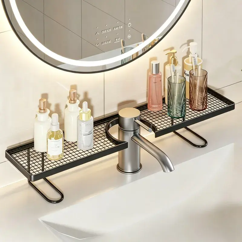 No Drill Carbon Steel Bathroom Storage Rack, Over Sink Vanity Shelf Above Faucet, Minimalist Moisture Proof Countertop Organizer for Small Bathroom, Rental Friendly Bathroom Caddy