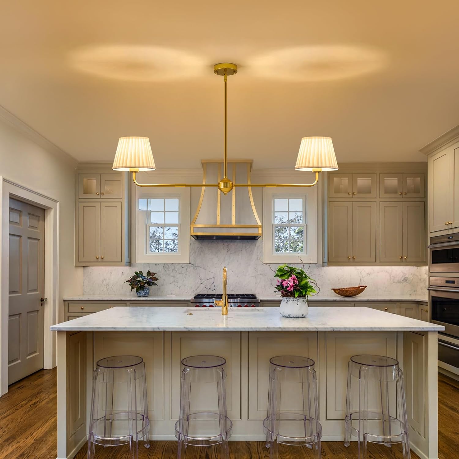 Karjear Gold Linear Chandelier, 43.3" Modern Double Kitchen Island Light with White Fabric Shade for Dining Room Restaurant Living Room