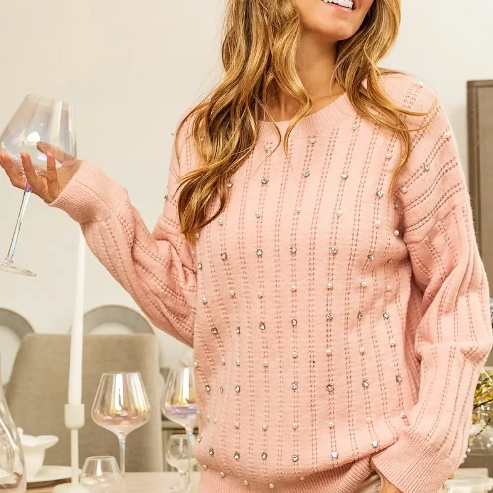 BiBi BiBi Pearl & Rhinestone Decor Long Sleeve Sweater