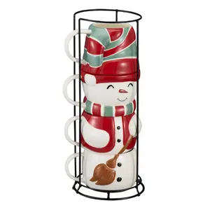Holiday Time Snowman Stacking Mug Set - 12oz Capacity - 4-Piece Ceramic Cup Set with Metal Rack - Drinkware
